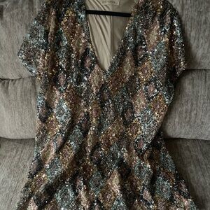 Together Brown Tan Plunge V-Neck Sequin Blouse